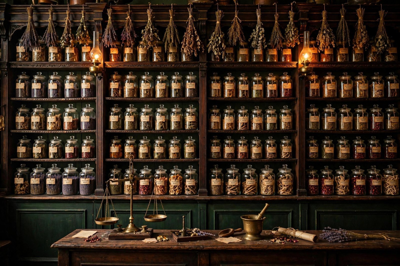 Victorian apothecary shelves lined with labeled jars of herbs